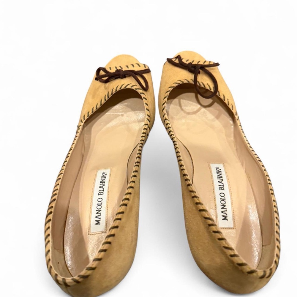 Vintage Manolo Blahnik Suede Peep Toe High Heels Camel 38.5 - Picture 7 of 12